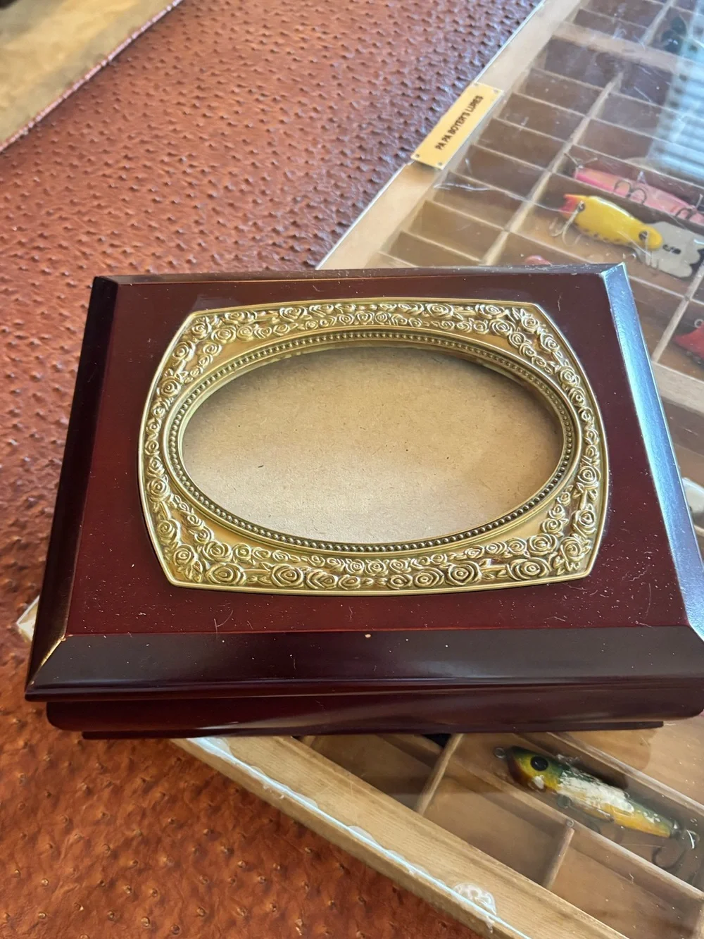 Vintage Wooden Keepsake Jewelry Box with Gold Filigree Oval Photo Frame